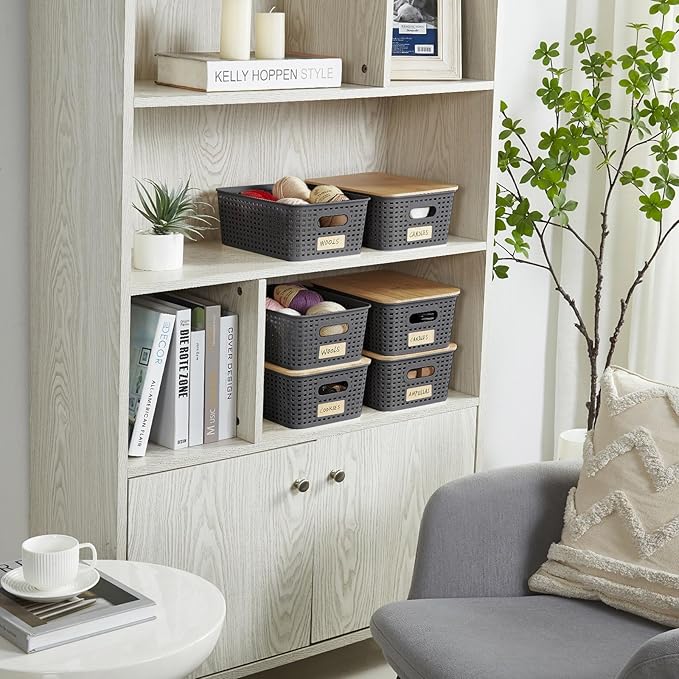 Small Plastic Storage Bins with Bamboo Lids 5.2qt Stackable Box Basket Pantry Decorative Containers Cute with Lable for Organizing Desktop Closet Office Gray of 6 packs 10 * 7.2 * 4.1'’
