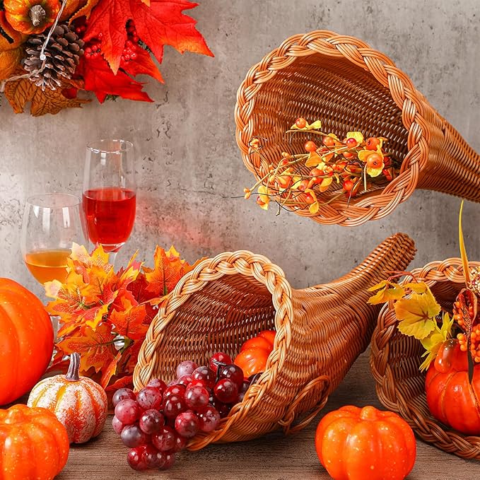 Dandat 9 Pcs Fall Cornucopia Basket 13.78 Inch Thanksgiving Horn of Plenty Autumn Table Decoration Harvest Cornucopia for Thanksgiving Table Centerpieces Fall Party Decorations