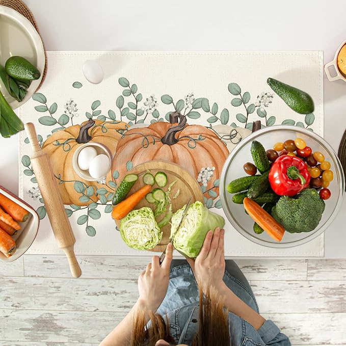 Artoid Mode Pumpkins Eucalyptus Leaves Fall Placemats, 24x36 Inch Extra Large Table Mats for Kitchen Countertop Protector Dining Decoration