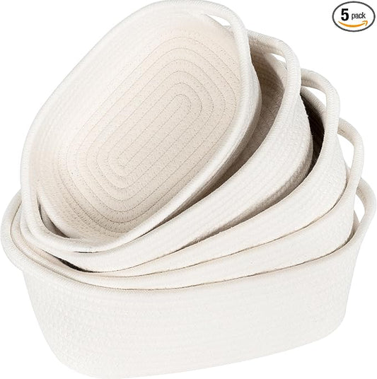 MINTWOOD Design 5-Piece Small Decorative Woven Storage Baskets Set for Shelves, Bathroom, Pantry and Nightstand Organizer, Catch All Tray for Organizing Gifts, Dog and Cat Toys, Creamy White