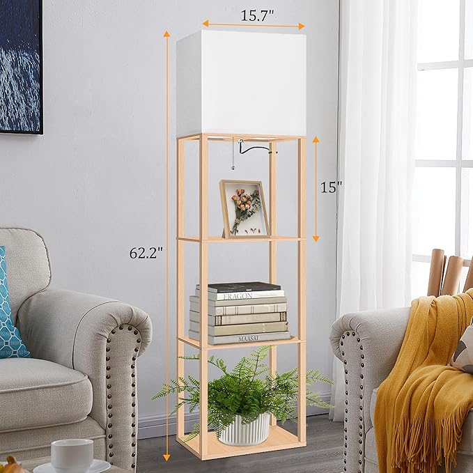 Dott Arts Floor Lamp with Shelves, Wide Floor Lamps for Living Room Display Shelf Lamps with 3 Color LED Bulb,Storage Wood Modern Floor Lamp for Bedroom Standing Lamp for Living Room Office（Burlywood）