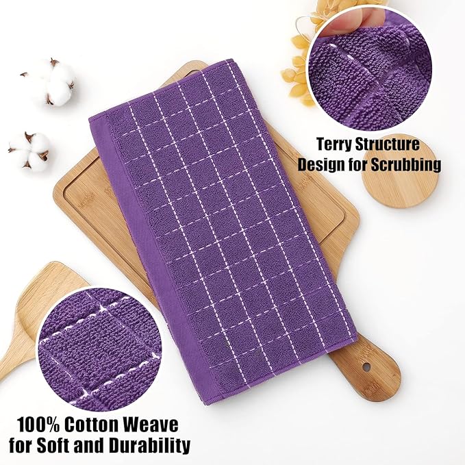 Homaxy 100% Cotton Terry Kitchen Dish Cloths, Ultra Soft and Absorbent Dish Towels for Kitchen, Suitable for Drying and Washing Dishes, 8 Pack, 12 x 12 Inches, Purple