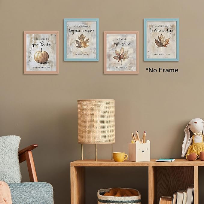 TLESKE Rustic Fall Christian Pumpkins Maple Leaves Posters Prints Unframed Set of 4 for Farmhouse Bedroom Living Room Kitchen, Vintage Autumn Wall Art Prints Decor, Thanksgiving Wall Pictures, 8x10