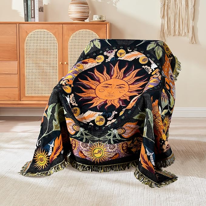Boho Throw Blanket Reversible Cotton Bohemian Tapestry Hippie Room Decor Outdoor Blanket Double Sided (Boho Sun Black 50"x60")
