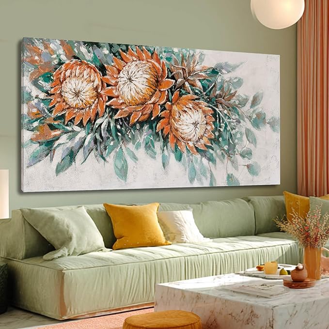 GAIDUOMAI Red Flowers Wall Art Green Leaves Painting Plants Wall Decorations for Living Room Contemporary Artwork for Home Haning Decor 24x48 Inch