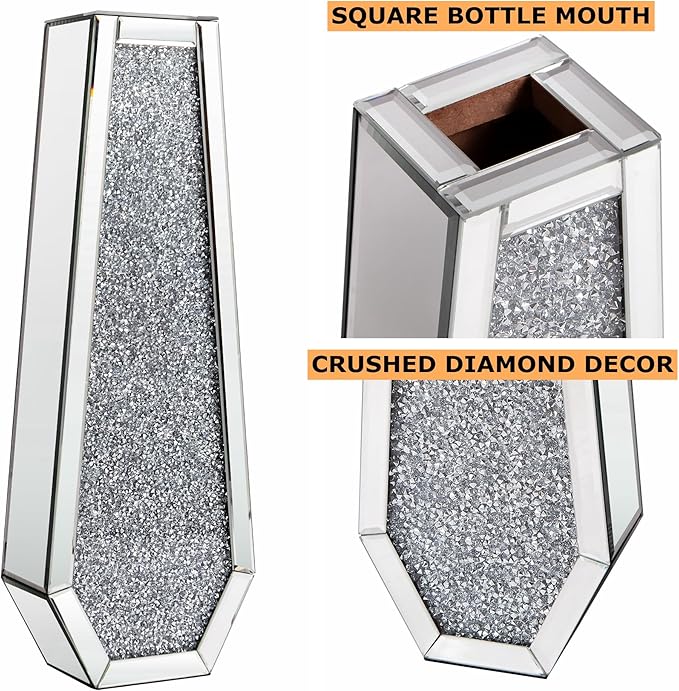 SHYFOY 30" Crushed Diamond Floor Vases Set of 2 Silver Mirrored Finish Tall Vases for Floor, Large Crystal Glass Decorative Vase for Living Room Office Corner Hallway Home Decor