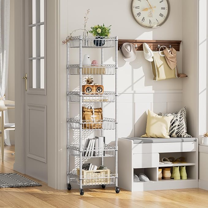 SINGAYE Shelf Storage Wire Shelving：Shelves Rack Standing Units with Wheels Closet Organizers Metal Pantry Kitchen Laundry Room Adjustable 13.5" D x 13.5" W x 63" H Silver