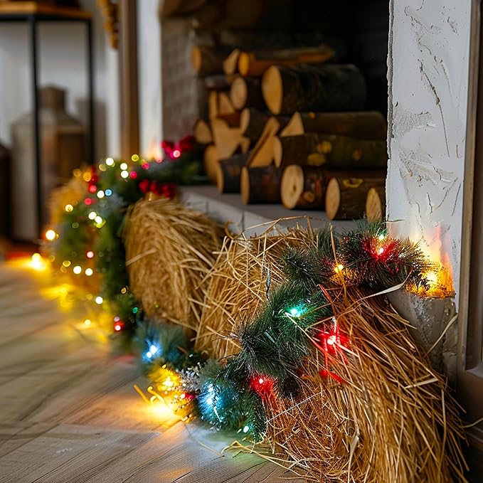 TW SHINE 30 FT Pre-Lit Christmas Garland Decorations, 100 LED Lighted Artificial Pine Garlands with 8 Modes, Green Garland for Indoor Outdoor Door Home Stairs Holiday Decor, Multi-Colored