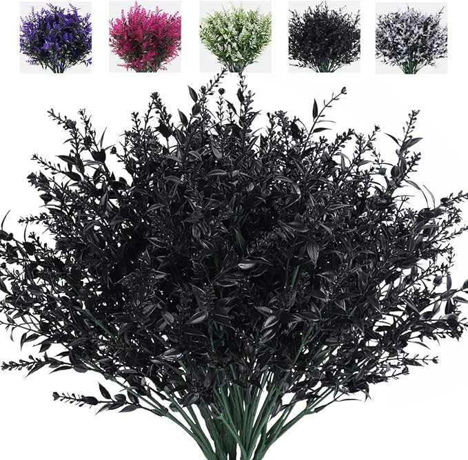 RECUTMS Artificial Flowers Outdoor Fake Plants Artificial Fake Flowers, Faux Outdoor Plastic Plants UV Resistant Shrubs No Fade Faux Plastic Plants Garden Porch Window Box Decorating(Black)