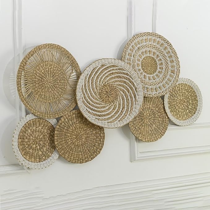 Wicker Wall Decor Set – Boho Basket Wall Art, Natural Woven Wall Art for Living Room Bedroom, Seagrass Decorative Plates For Wall Hanging, Flat and Lightweight