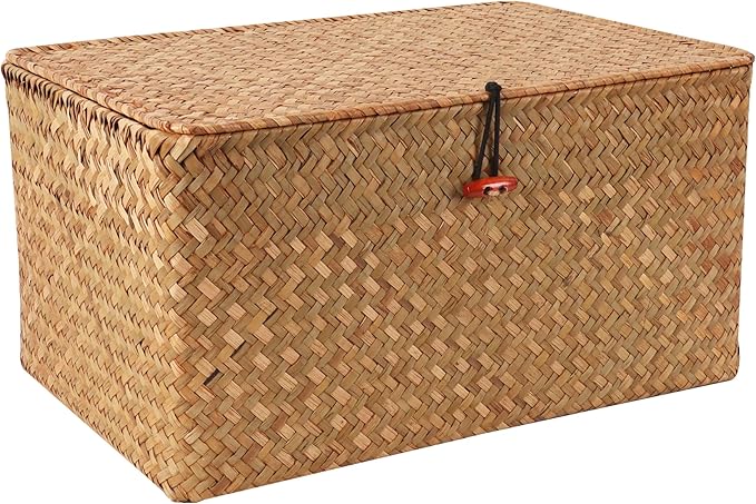 Wicker Shelf Baskets with Lid,Natural Seagrass Storage Basket Boxes Handwoven Rectangular Baskets Bins Multipurpose Home Organizer Decor (Large)