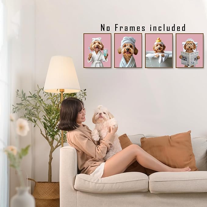 FITIE Funny Cockapoo Bathroom Wall Art Posters Set of 4, Dog Bathroom Decor, Pink Cute Bathrobe Toilet Bathing Cockapoo Dog Canvas Prints Artwork Wall Decor for Bath Wash Room, 8x10 Unframed