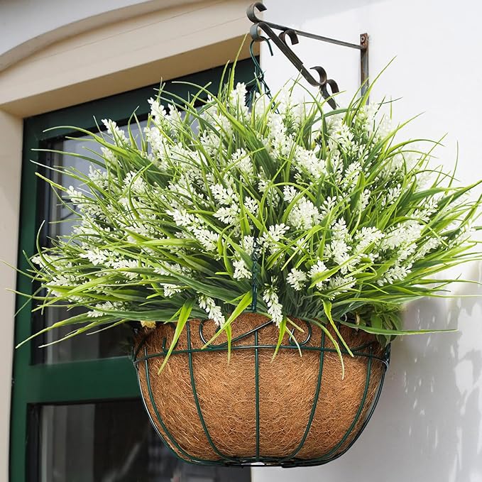 20 Bundles Artificial Plants Outdoor Fake Monkey Grass with Flowers (White)