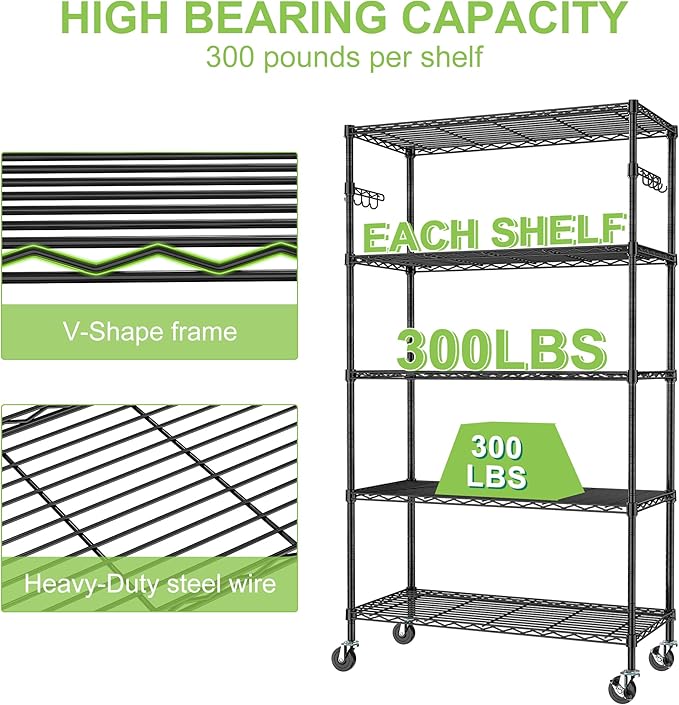 Metal Storage Shelves with Wheels, 5-Tier Steel Wire Rack Shelving Unit, Adjustable Rolling Utility Shelves, Standing Storage Organizer for Kitchen Garage Pantry Closet Laundry(5-Tier Shelf)