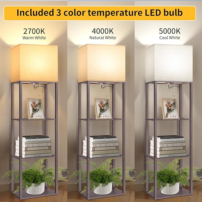 Dott Arts Floor Lamp with Shelves, Wide Floor Lamps for Living Room Display Shelf Lamps with 3 Color LED Bulb,Storage Wood Modern Floor Lamp for Bedroom Standing Lamp for Living Room Office（Walnut）