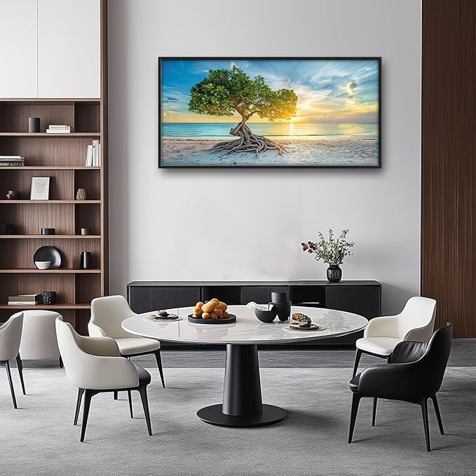 Beach Tree Large Framed Wall Art Sunrise Coastal Sea Pictures Oversized Tree of Life Wall Decor Canvas Print Painting Aesthetic Modern Artwork for Living Room Bedroom Office Bathroom Home Decor 60L"x30W"