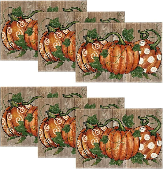 Artoid Mode Wood Polka Dot Pumpkins Fall Placemats Set of 6, 12x18 Inch Seasonal Table Mats for Table Runner Party Kitchen Dining Decoration
