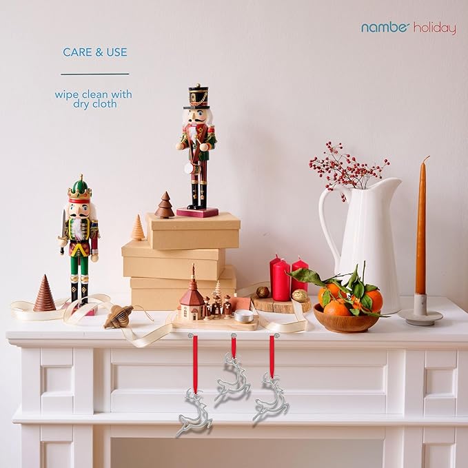 Nambe Mini Reindeer Christmas Ornaments (Set of 3), Silver-Plated Deer in Mid-Leap with Red Hanging Ribbons, Elegant Holiday Decorations for Christmas Trees, and Keepsakes