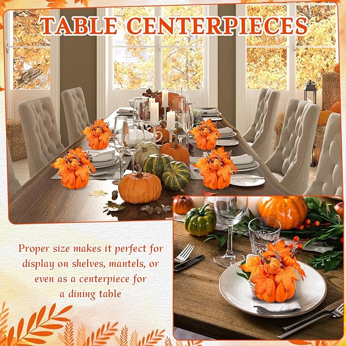 Janinka 3 Set Fall Artificial Pumpkins Fake Pumpkin Centerpiece Decor Autumn Floral Stems Thanksgiving Decorations Acorn Pine Cone Maple Leaves Fall for Harvest Decor