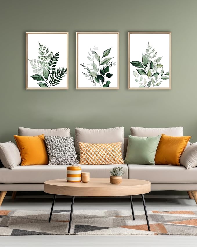 UPWOIGH 12x16 in Green Framed Wall Art, Olive Leaf Plant Canvas Wall Decor, Set of 3 Neutral Botanical Prints Artwork for Living Room and Bedroom, Gift