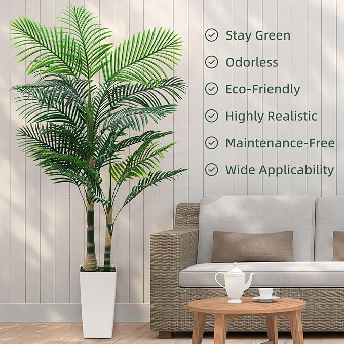 6ft Artificial Golden Cane Palm Tree with LED Fairy Lights & White Tall Planter - Lifelike Faux Tropical Palm Plant with Realistic Trunk and Palm Leaves for Home Office Living Room Corner Decor