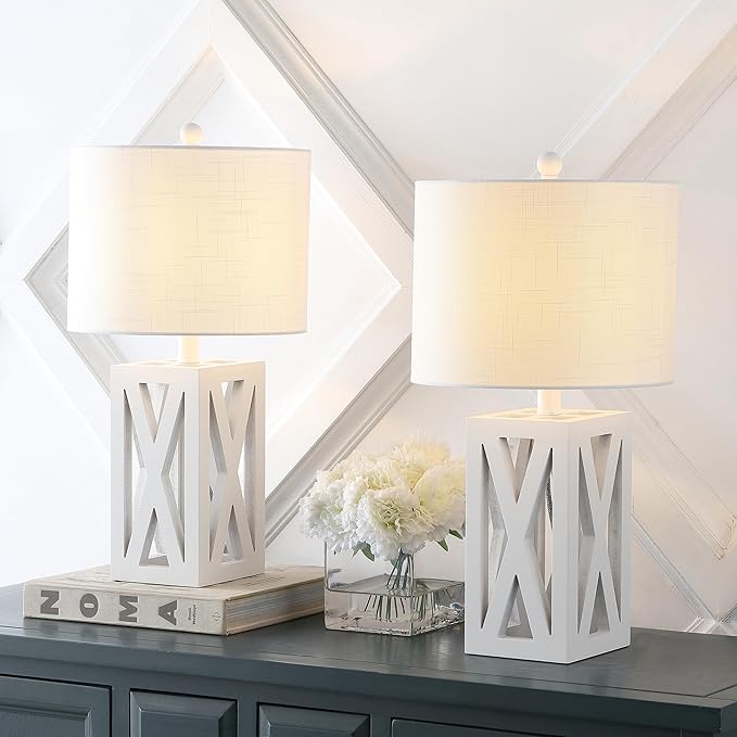 JONATHAN Y JYL1062B-SET2 Stewart 21.5" Wood LED Table Lamp Farmhouse, French Country, Rustic, Bohemian, Bedroom, Living Room, Office, College, Bookcase, White (Set of 2)