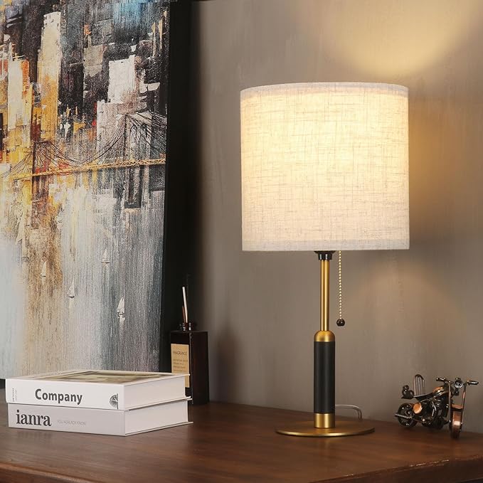 18.9" Set of 2 Small Vintage Table Lamp Bedside Lamps for Bedroom Nightstand Lamp for Living Room 3-Color Temperatures Pull Chain Wood Fabric for Home Office Dorm Decor (Light Brown+Brass)