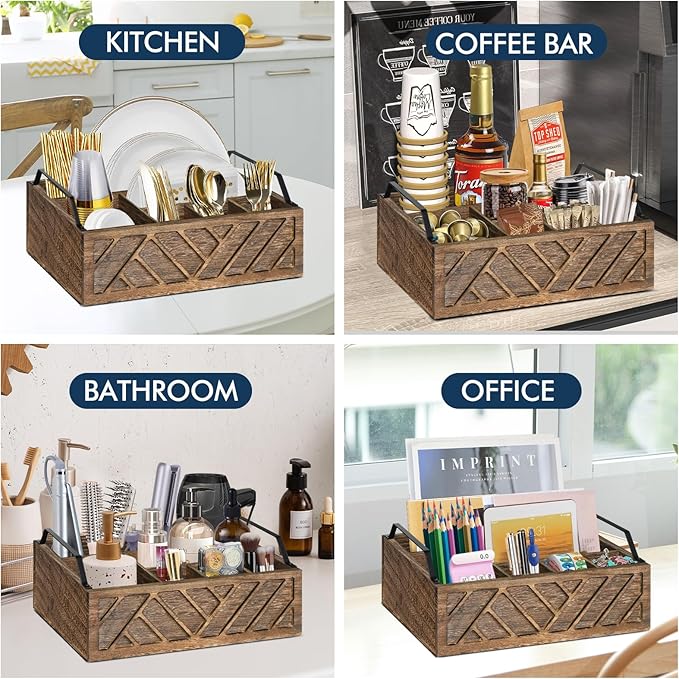 Flatware Organizers Paper Plate Dispenser with Handles, Paper Plate Holder for Kitchen Counter, Wood Rustic Silverware Utensil Caddy, Brown