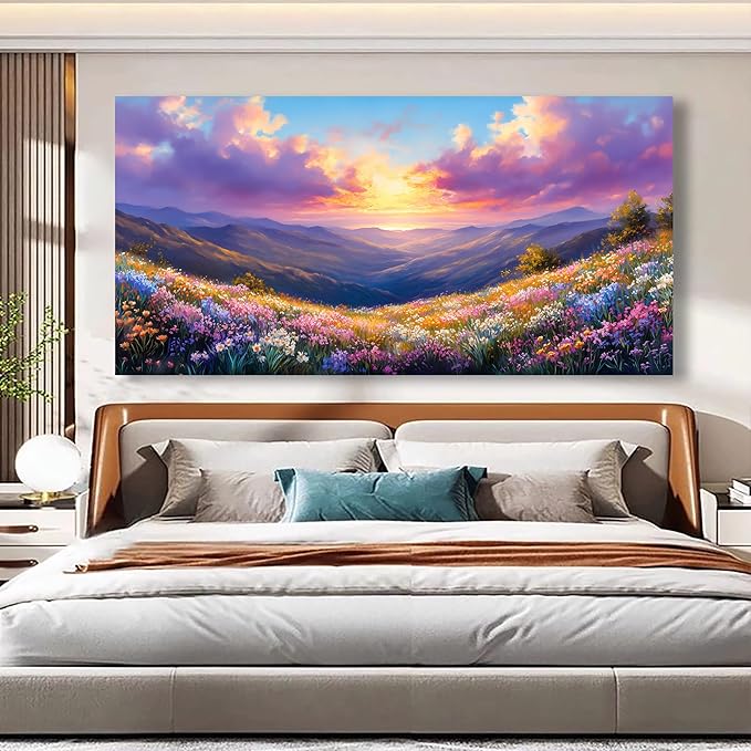 Purple Oil Painting Landscape Wall Art Bedroom Wall Decor Living Room,Purple Abstract Clouds Canvas Wall Art Office Artwork Modern Colorful Flowers Mountain Scenery Wall Art Prints Pictures 20 * 40in