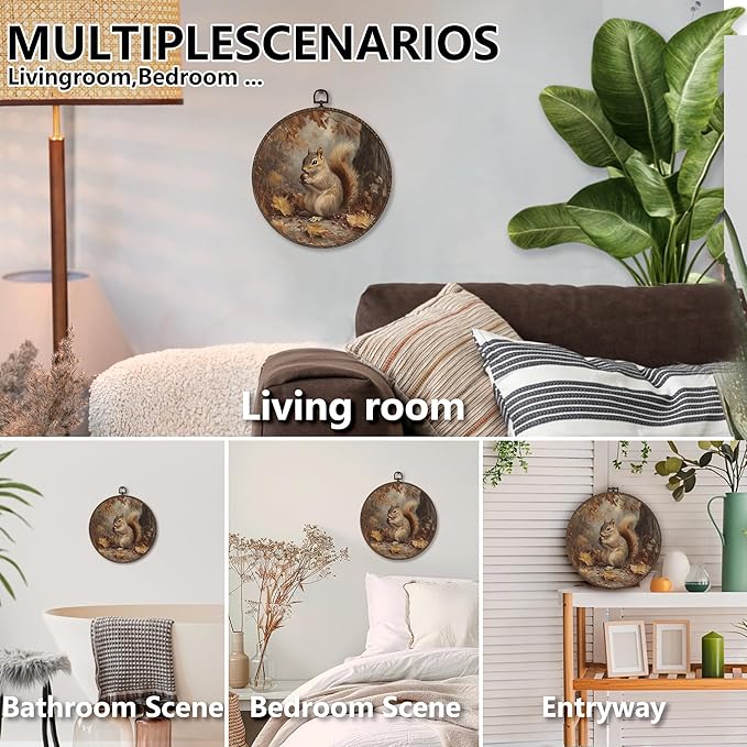 XNXLDYLH Vintage Fall Squirrel Round Framed Wall Art Decor, Rustic Farmhouse Woodland Hanging Wall Decor Decorations, Autumn Fall Canvas Prints Wall Art Paintings for Bedroom Living Room, 10x10 Inch