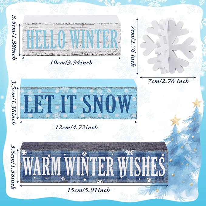 Geelin 4 Pieces Hello Winter Wooden Table Decorations Let It Snow Wooden Signs Rustic Snowflake Tiered Tray Decor Winter Wishes Tabletop Centerpieces for Home Desk Room Kitchen Shelf
