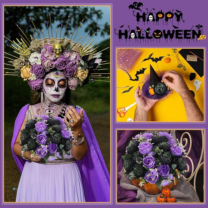 Geosar 8 Bundles Artificial Peonies Flowers Fake Silk Peony Bouquet Faux Peonies Flowers Bulk for Decoration Vase Florals Arrangements Wedding Party Table (Black,Purple)