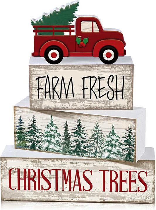 4 Pcs Christmas Decor Wooden Red Truck Winter Tiered Tray Decor Rustic Merry Christmas Table Centerpiece Wood Red Truck Block Sign Gift Farmhouse for Home Kitchen Tabletop Office Shelf