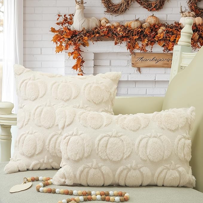 GEEORY Fall Pumpkins Soft Plush Pillow Covers, 12 x 20 Inch Set of 2, Fluffy Faux Fur Wool Decorative Farmhouse Cushion Case for Sofa Home Decoration Beige Pumpkin GC020-12