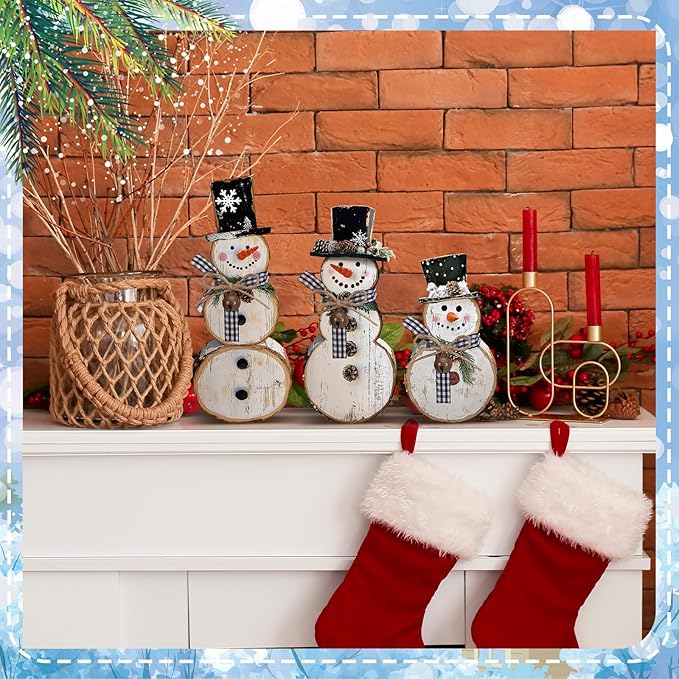 Barydat 3 Pcs Snowman Christmas Decor Winter Table Decorations Snowman Table Centerpieces Winter Rustic Indoor Sign Decor Tiered Tray Block for Xmas Holiday Party Indoor Home Room Decorations