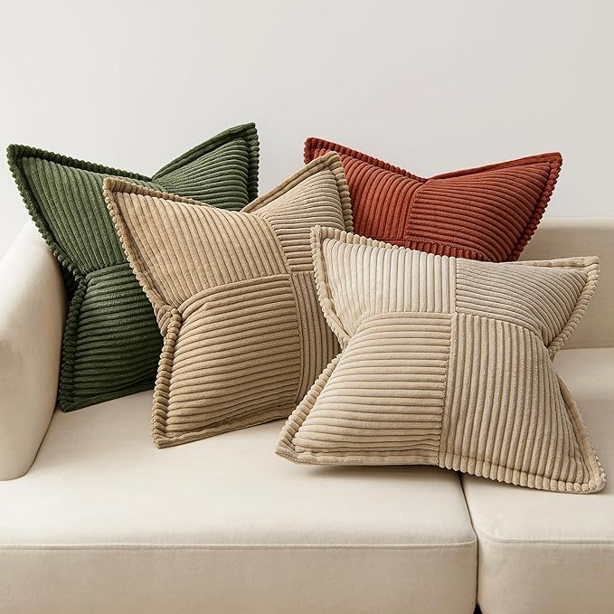 MIULEE Fall Rust-Olive Green Throw Pillow Covers 20x20 Inch 4 Packs Soft Boho Color-Clash Farmhouse Pillow Cases Accent Modern Cushion Cases for Couch Sofa Bed Corduroy Patchwork Home Decor