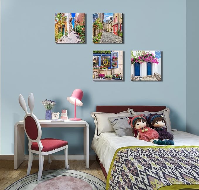 Italy Tuscan Wall Art, Colorful Nature Scenic Framed Pictures Canvas Prints, Modern Town Street Artwork Paintings for Living Room, Bedroom, Office Wall Decor 16"x16"