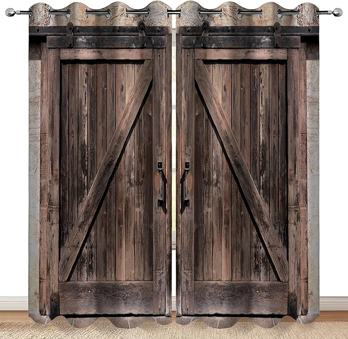 MissHope Rustic Wooden Barn Door Blackout Curtains Vintage Brown Wood Door Farmhouse Country Decor for Home Bedroom Living Room Grommet Window Drapes 2 Panels, 42x63 Inch