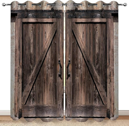 MissHope Rustic Wooden Barn Door Blackout Curtains Vintage Brown Wood Door Farmhouse Country Decor for Home Bedroom Living Room Grommet Window Drapes 2 Panels, 42x63 Inch