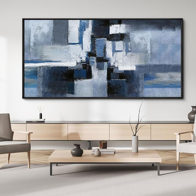KLAKLA Large Abstracr Wall Art - Blue and Black Canvas Picture for Living Room Office Wall Decor Bedroom Art Framed Artwork Modern Wall Decoration 58x29 Inches