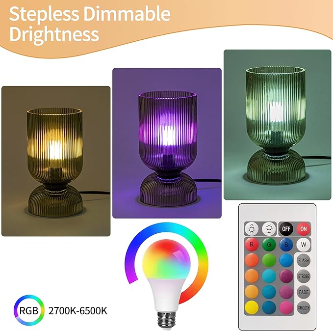 Modern RGB Glass Table Lamp with Remote，Color Changing Bedside Lamp with Green Glass Shade, 16 Colors, On/Off Cord Switch, Nightstand Lamp for Bedroom, Living Room, Office,Bulb Included
