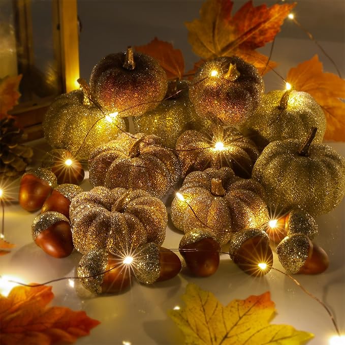 Glitter Mini Pumpkin Decor Indoor 22PCS Halloween Pumpkins for Fall Decorations for Home Fall Centerpieces for Tables Outdoor Harvest Thanksgiving Party/Acorns Autumn Fillers Decor