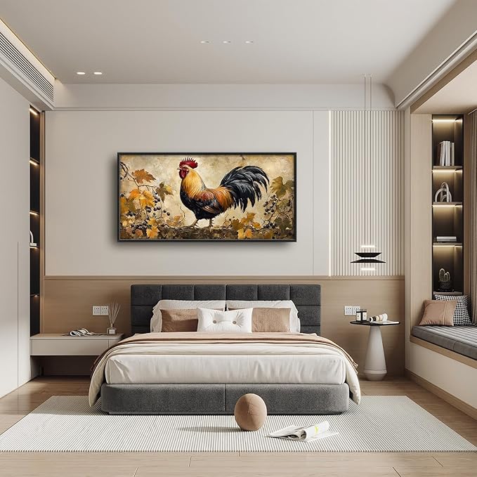 Flintis Large Rooster Framed Wall Art Vintage Chicken Grapevine Pictures Wall Decor Abstract Animal Canvas Painting Print Artworks Decor Framed for Living Room Bathroom Master Bedroom 60L X 30W