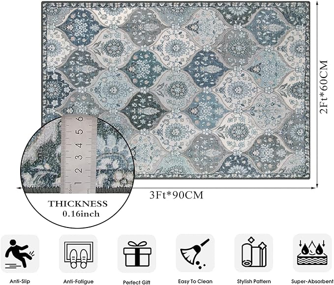 Lahome Moroccan Trellis Front Door Mat Indoor Entrance, 2x3 Rugs for Entryway Non-Slip Washable Indoor Door Mat, Oriental Accent Small Rug for Kitchen Bedroom Bathroom, Blue