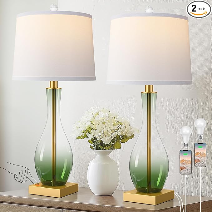 3-Way Dimmable Modern Glass table lamp for Living Room, Green Table Lamps Set of 2 with Touch Control, USB C and A Charging Ports, 27" Bedside Desk Lamps for Nightstand Decorations(LED Bulbs Included)