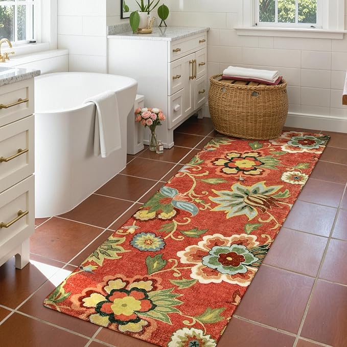 Lahome Red Floral Kitchen 2x5 Rug Runner, Washable Hallway Runner Vintage Christmas Throw Area Rug, Non-Slip Carpet for Entryway Living Room Laundry (2'x5', Red)
