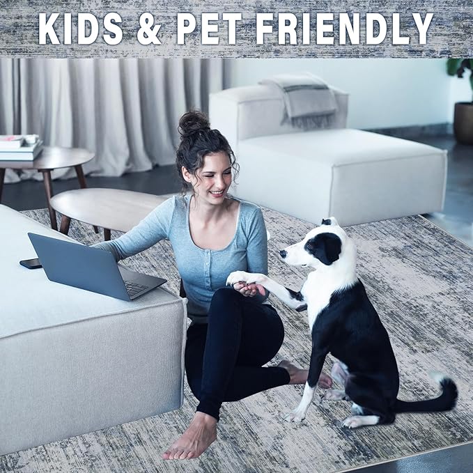 8x10 Area Rugs for Living Room: Large Machine Washable Area Rug with Non Slip Backing Non Shedding Abstract Stain Resistant Carpet for Bedroom Dining Room Nursery Home Office - Blue/Gray