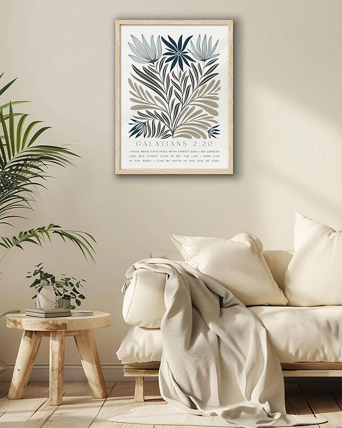 EcoHest Christian Bible Verse Floral Framed Wall Art, 12x16 in OAK Wood Boho Abstract Flowers Canvas Wall Art, Galatians 2:20 Home Decor, Beige Logs Christ Set of 1 for Bedroom Living Room