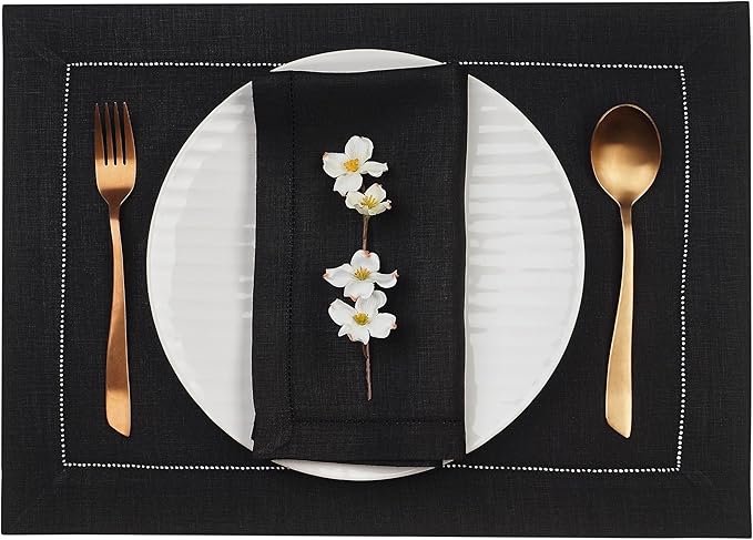 D'Moksha Homes Linen Placemats Set of 4 - Classic Hemstitch Black Placemats 14 x 19 Inch - 100% Pure Linen Table Mats for Fall, Autumn and Halloween - Handcrafted and Machine Washable