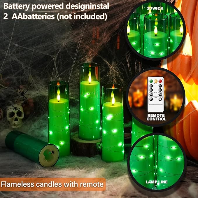 Flameless Candles,with Embedded Star String, Battery Operated Candles Flickering LED Pillar Candles with Remote Control and Timer, Home Decoration Add a Warm and Romantic Atmosphere，Set of 7 (Green)